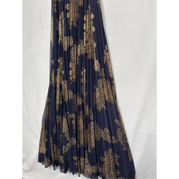 VTG Cache Maxi Dress Halter Blue Gold Foil Floral Printed Pleats Formal Gown 2 - Picture 3 of 9